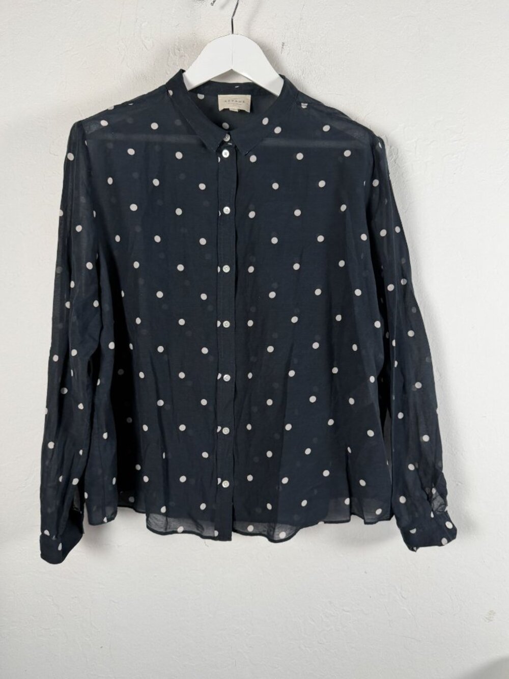 Sezane Paris Womens Blouse Navy Polka Dot Silk Blend Button Up Shirt Top Size 46
